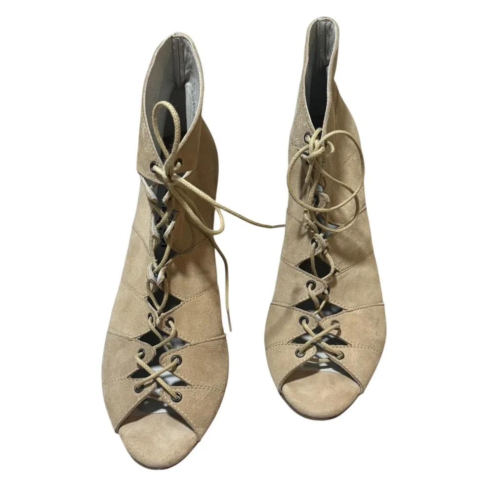 Eric‎ Michael Tan Suede Lace Up peep Toe ankle Booties Heels 41/10 festival boho